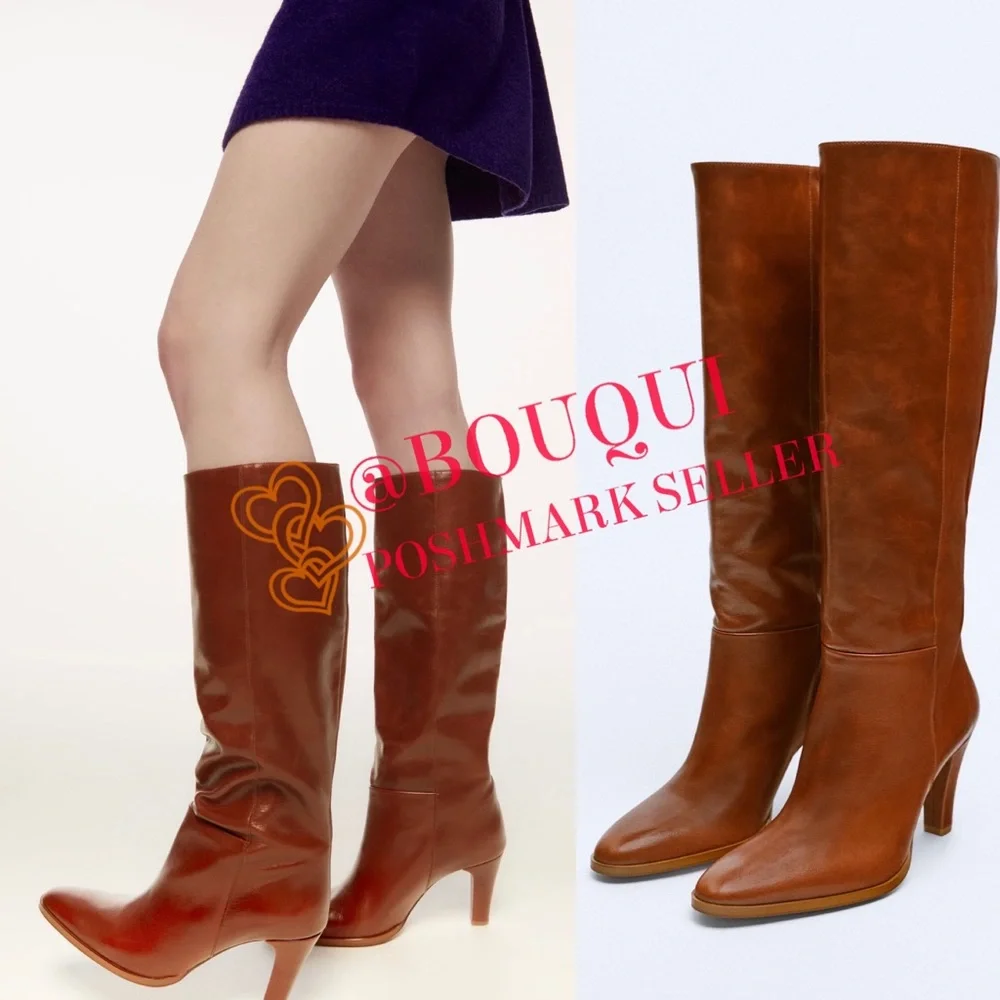 BLOGGERS FAV ZARA KNEE RISE HEELED LEATHER BOOTS - Picture 3 of 6